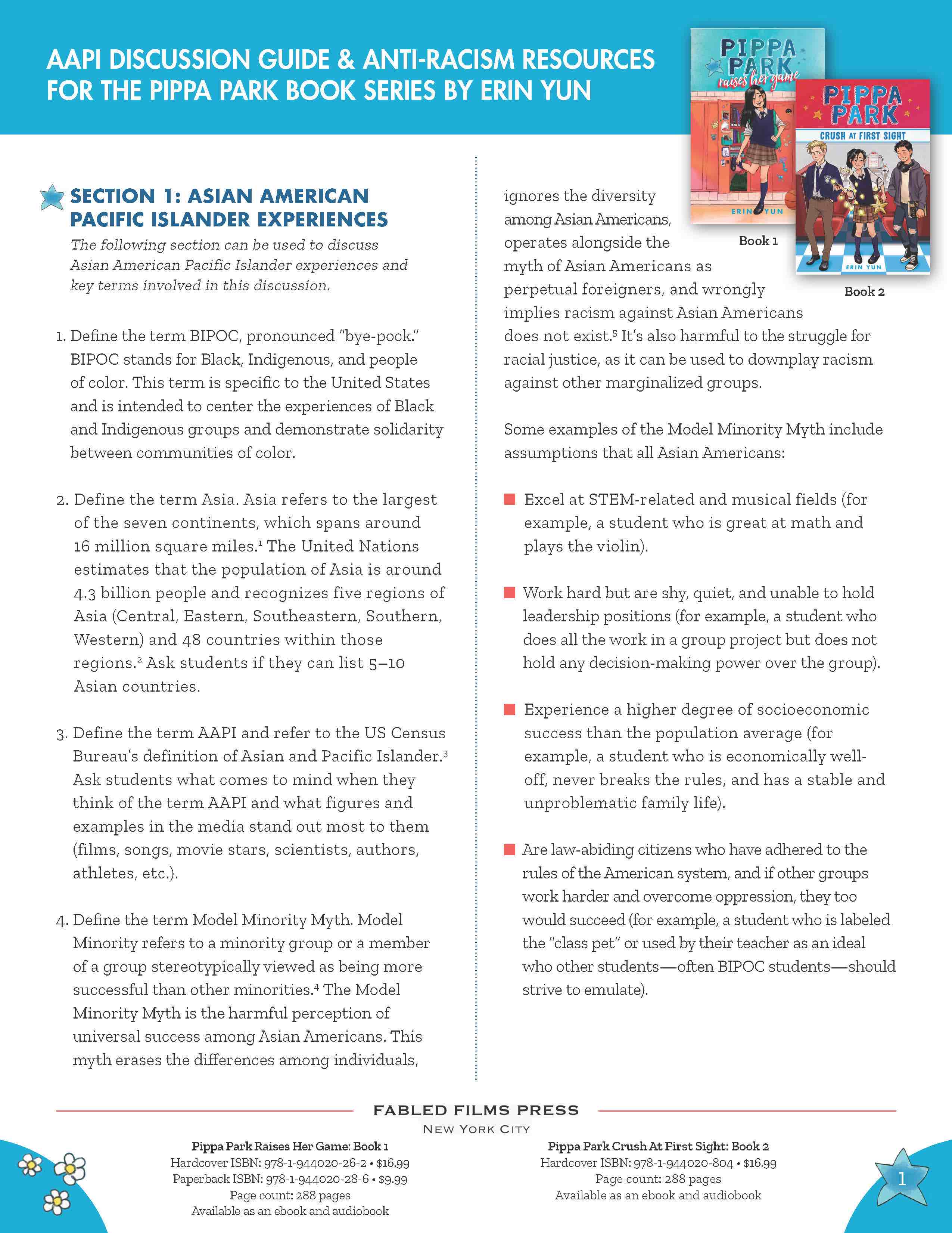 These images show four sample pages of the complimentary Pippa Park AAPI Guide that contains discussion questions that explore Asian American experiences for the book series. 