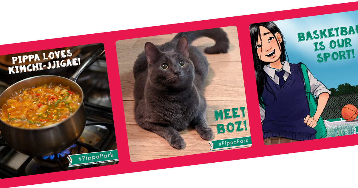 From left to right are three images relating to three behind-the-book facts about Pippa Park: a pot filled with the Korean stew kimchi-jigae (the heroineâ€™s favorite food), a gray-black cat (Pippaâ€™s neighbor has a cat named after Charles Dickensâ€™ pen name), and Pippa Park in her school uniform with a basketball (she plays basketball).