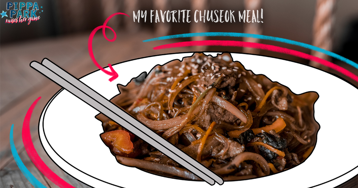 The graphic illustrates the favorite Chuseok meal of the author of the Pippa Park series which is a noodle dish called japchae.