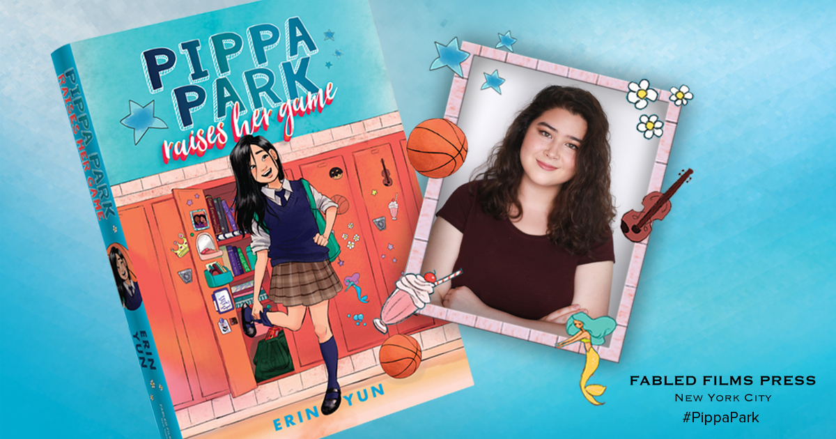 To the left side of the graphic is the book cover image of Pippa Park Raises Her Game and to the right side is the author profile of Erin Yun, who is the author of Pippa Park, in a light pink picture frame decorated with icons relevant to the first book. 