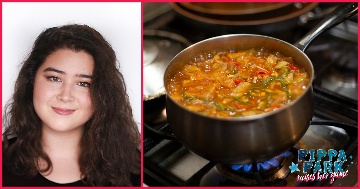 To the left of the image is Erin Yunâ€™s author profile picture and to the right is an image of a pot filled with kimchi-jigae, a Korean stew, on a gas stovetop.