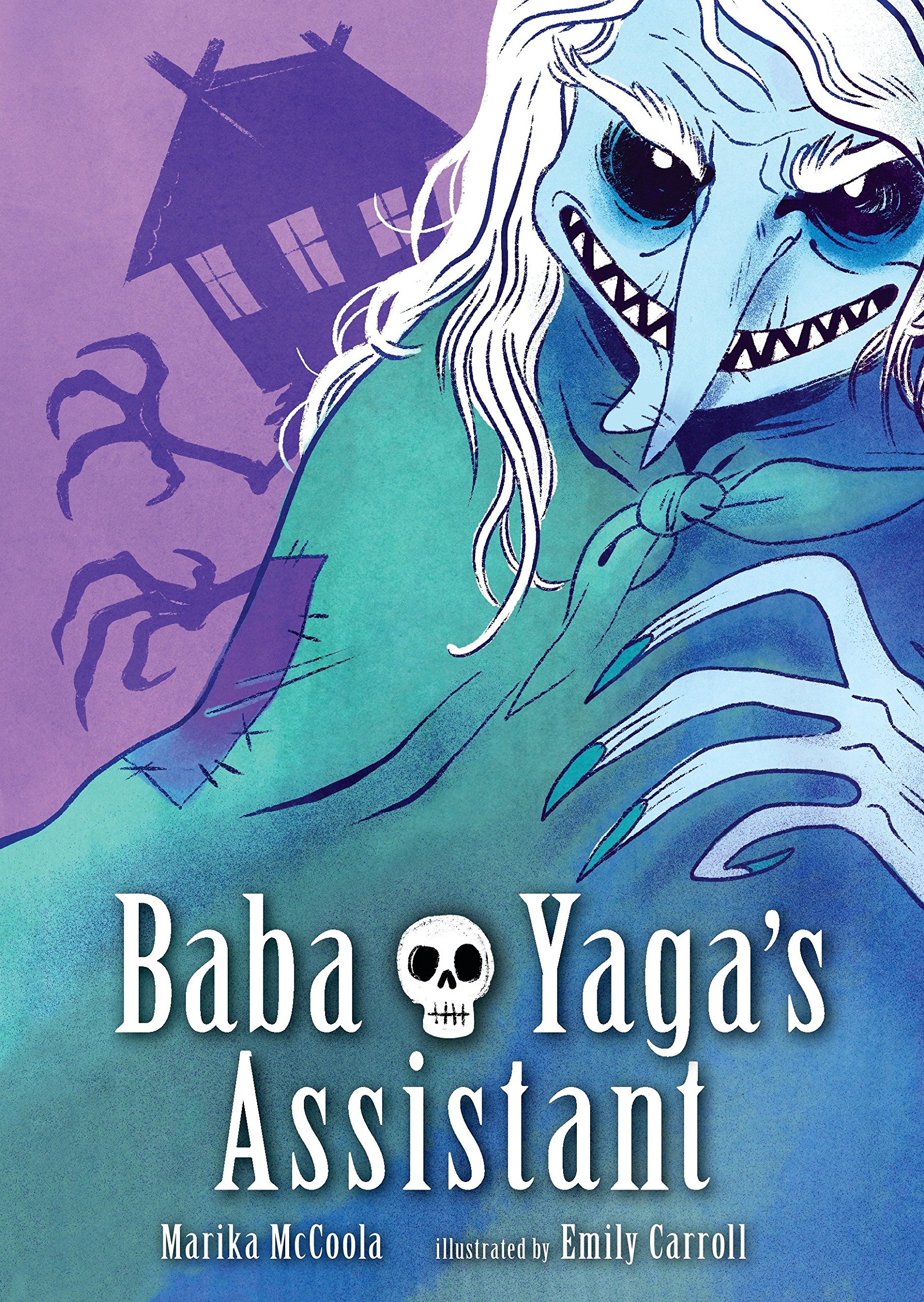 Baba Yaga, a light blue monster with long fingers and a cloak, is smiling which shows her sharp teeth. To the left side of her are silhouettes of a house and long fingernails. 
