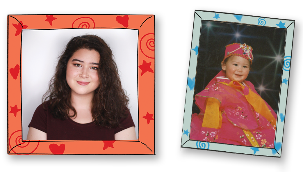 The left of the image shows Erin Yun, author of Pippa Park, in an orange picture frame. To the right of her in a blue picture frame, is a younger picture of her as a child dressed in pink and orange. 