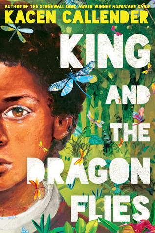 The face of Kingston James, a boy, is on the left side of the book cover only showing half of his face. Heâ€™s surrounded by greenery and dragonflies are scattered around the cover. 