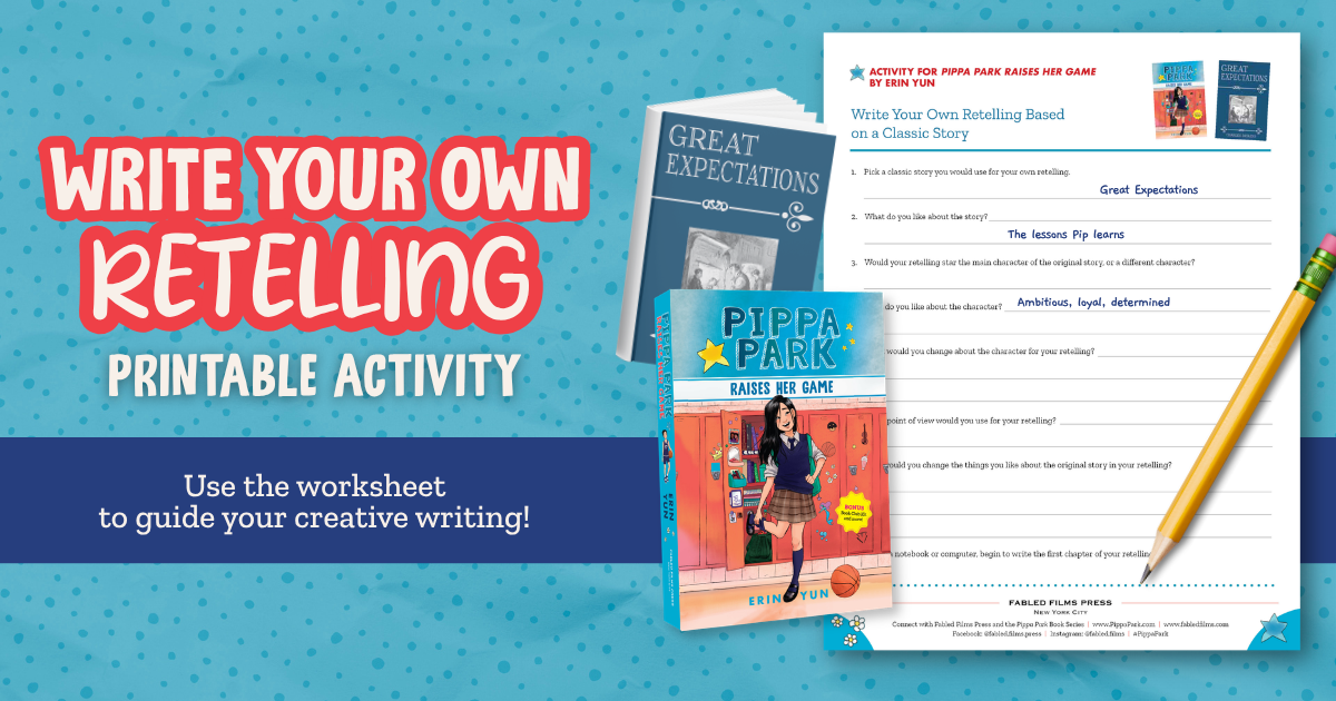 Image reads "Write your own retelling. Printable Activity. Use the worksheet to guide your creative writing" on a blue polka dot background. On the right is the Pippa Park Create Your Own Retelling Activity.