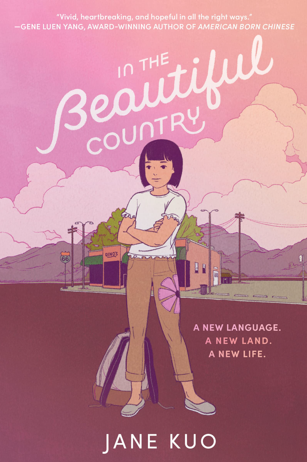 Anna, a Taiwanese girl, is standing in the middle of a road with her arms crossed and a backpack behind her. In the far distance is a restaurant and above that are clouds near the bookÃ¢â‚¬â„¢s title that reads Ã¢â‚¬Å“In the Beautiful Country.Ã¢â‚¬Â 