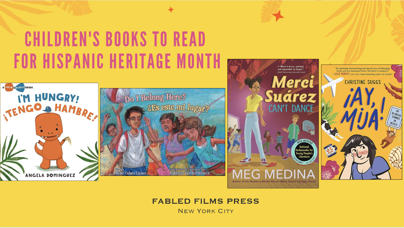 WeÃ¢â‚¬â„¢ve selected four of our favorite childrenÃ¢â‚¬â„¢s books by Hispanic-identifying authors for every age group in honor of Hispanic Heritage Month. The titles are against a yellow background decorated with confetti and are read as follows from left to right: Ten Little Birds/Diez Pajaritos, They Call Me GÃƒÂ¼ero, The Moon Within, and Clap When You Land. 