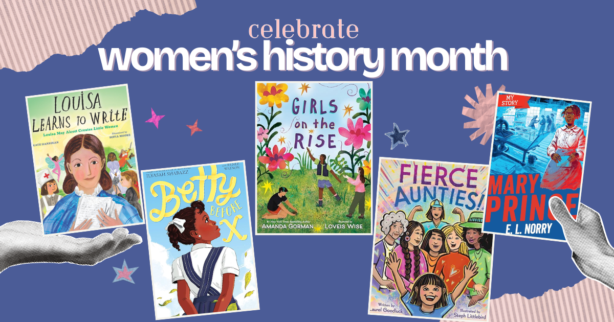 Image Reads "Celebrate Women's History Month!" on a purple background with 5 book covers.