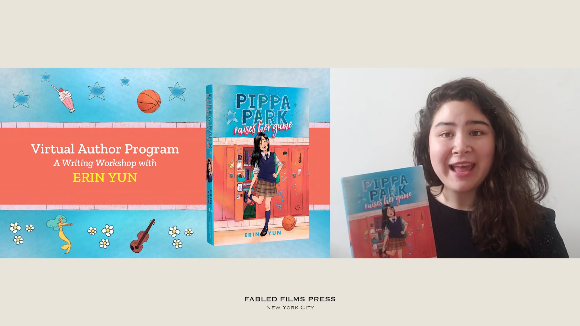 Thumbnail for Erin Yun's Interactive Writing Workshop. Author Erin Yun on screen holding a copy of Pippa Park Raises Her Game next to the first slide of the presentation