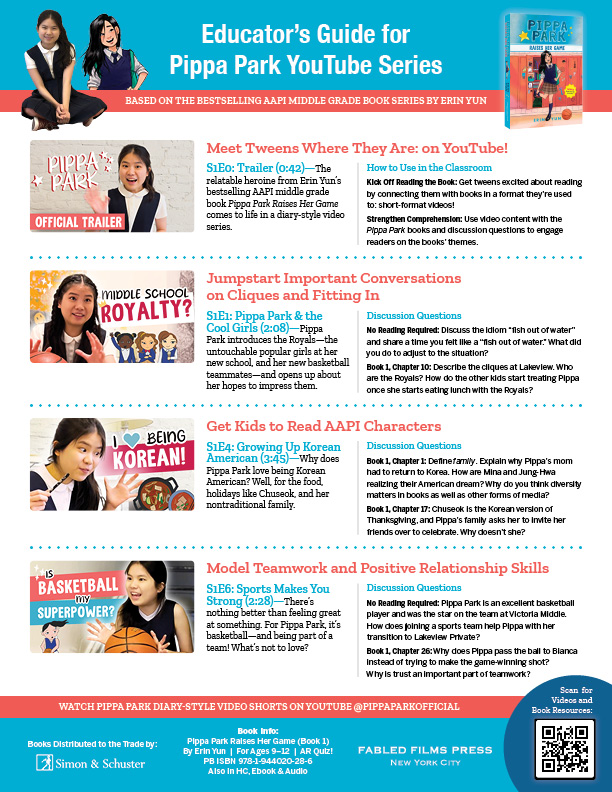 aThis image previews a pdf document of an Educator's Guide for Pippa Park YouTube Series with 3 columns including thumbnails from the live action shows, themes, episode titles and descriptions, discussion questions, how to use in your classroom and more. 