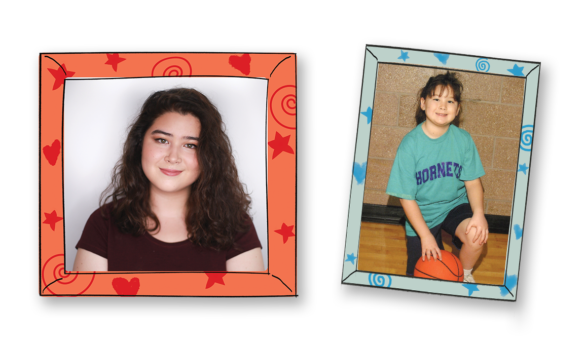 The left of the image shows Erin Yun, author of Pippa Park, in an orange picture frame. To the right of her in a blue picture frame, is a younger picture of her as a child dressed in pink and orange. 