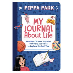 The companion book to the Pippa Park series, Pippa Park: My Journal About Life, has a cover that is a composition book with stickers that are relevant to the book series. These stickers include a basketball, a milkshake, sunglasses, and a notebook