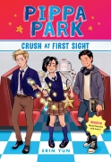 In front of a diner booth, two boys look toward Pippa, a girl, who is wearing her school uniform and entangled in string lights is in the center of the graphic. The boy on the left is blonde and is wearing a school uniform while the boy on the right is we