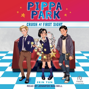 In front of a diner booth, two boys look toward Pippa, a girl, who is wearing her school uniform and entangled in string lights is in the center of the graphic. The boy on the left is blonde and is wearing a school uniform while the boy on the right is we