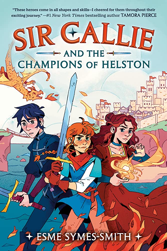 The 12-year-old protagonist Callie, a boy, is in the middle of the graphic holding up a sword in front of the kingdom where there is a castle and dragons behind him. To the left of him is a blue haired boy who is holding a sword low and to the right of Callie is a red-haired girl who is using her hands to create magic. 