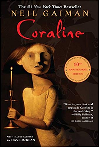 Coraline is holding a lit candle taper holder in the dark and is looking forward. In the black background are transparent hands stretching towards her.