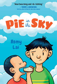 In front of cloud icons are two boys, the one on the right is taller than the other and is looking at the younger boy with a questioning look. The younger boy has his eyes closed and is about to take a bite from the pie piece in his hand. 