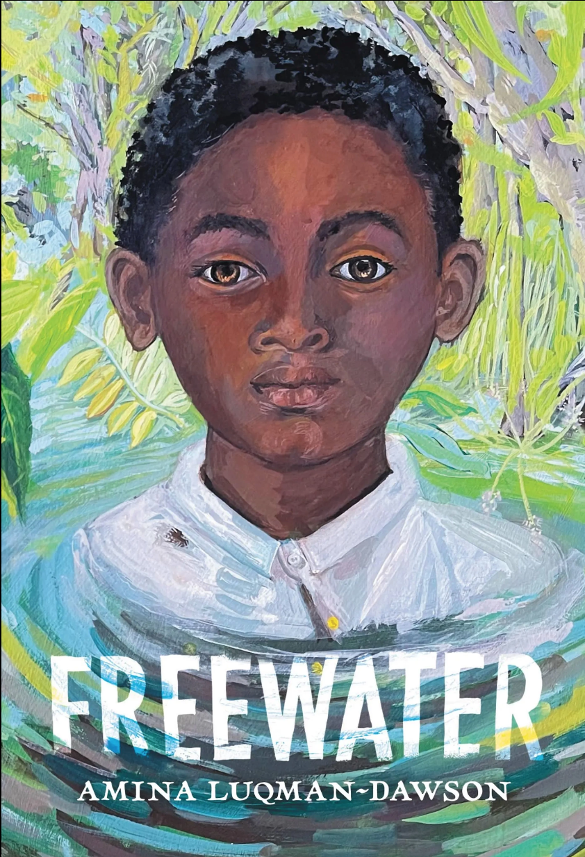 Homer, a boy, is in a white shirt and is submerged in water surrounded by green plants. In the lower part of the book, in front of the rippled water in the lower part is written in white block letters: Freewater. 