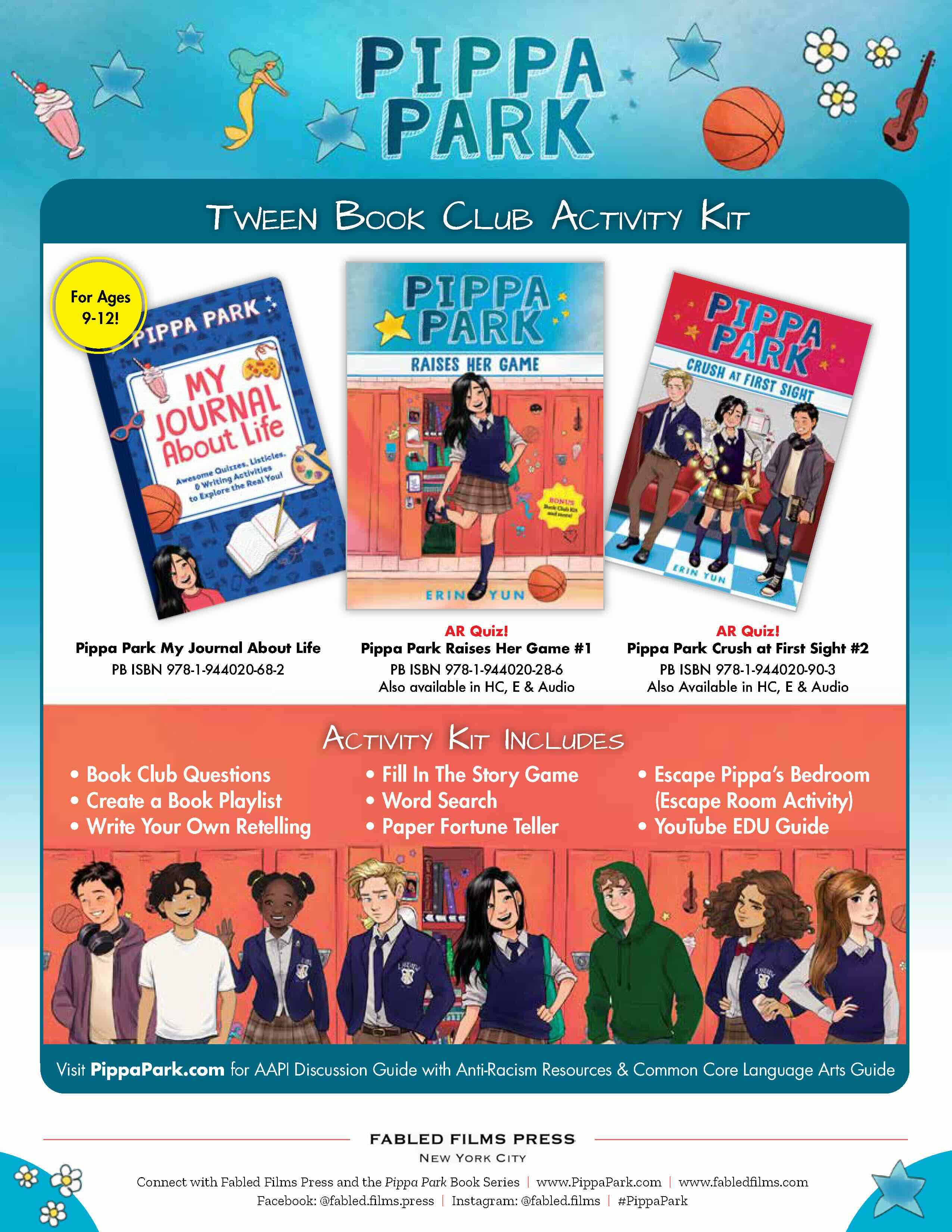 This image shows the Pippa Park Tween Activity Kit, three book covers and includes a list of activities. Below that is a row or characters from the book in front of orange lockers.