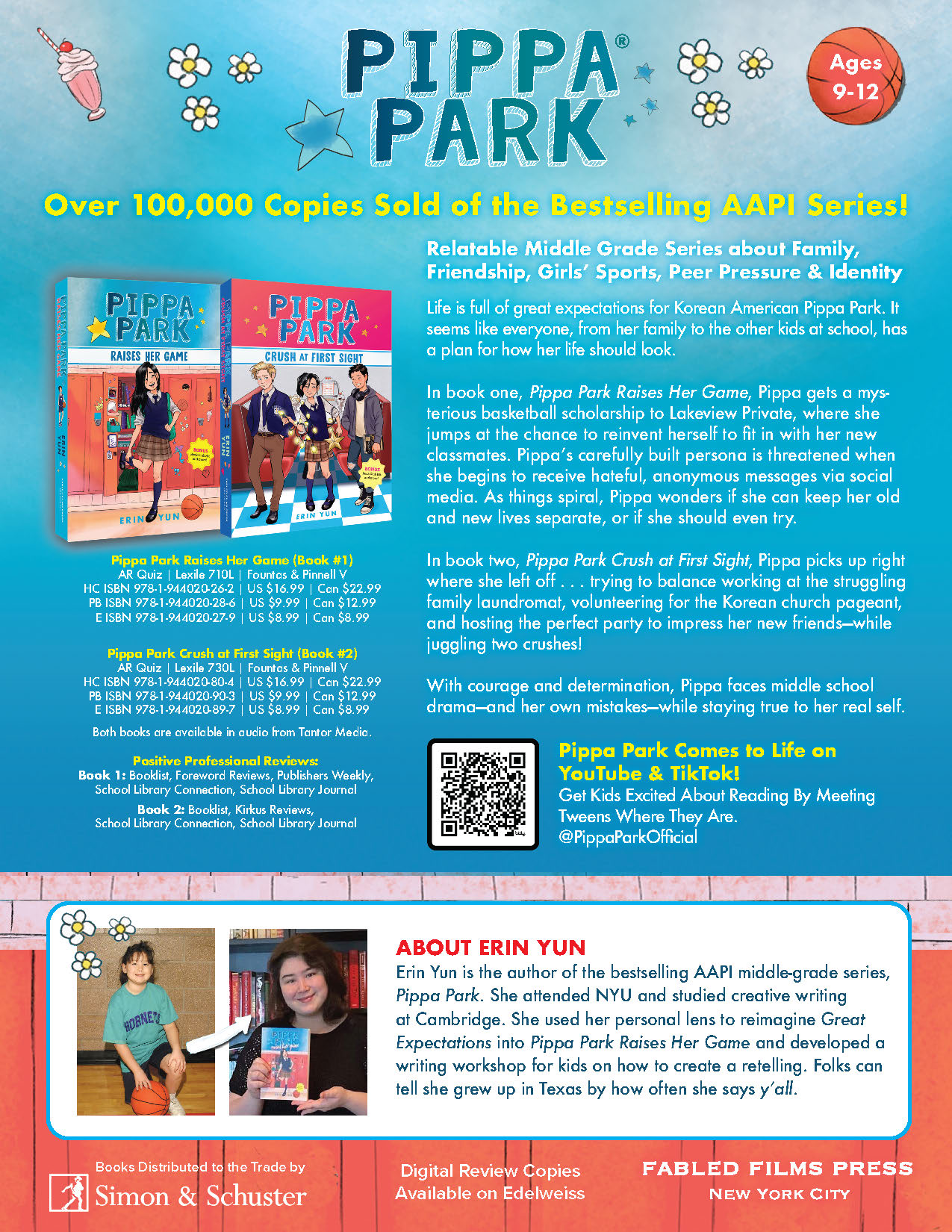 Information on the Pippa Park series, including the covers of books 1 and 2 and two photos of author Erin Yun