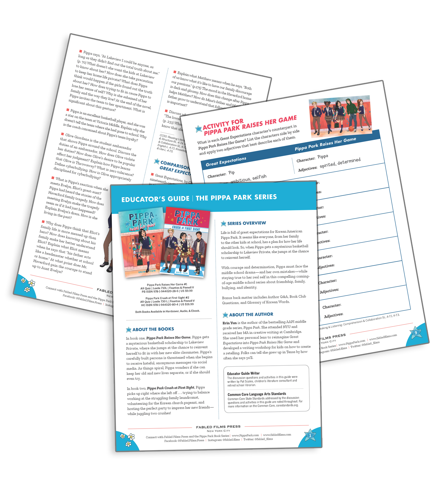 This image shows three pages of the Pippa Park Language Arts Guide for both books that contain lessons and activities that are aligned to the Common Core Standards. 