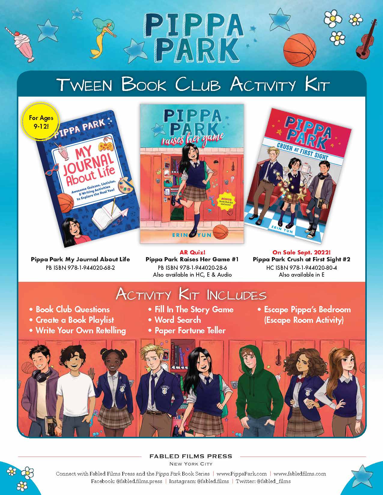 The Pippa Park Tween Book Club Activity Kit includes activities such as Book Club Questions, Word Games, and Crafts, where educators and parents can have tween readers interact more with the series.