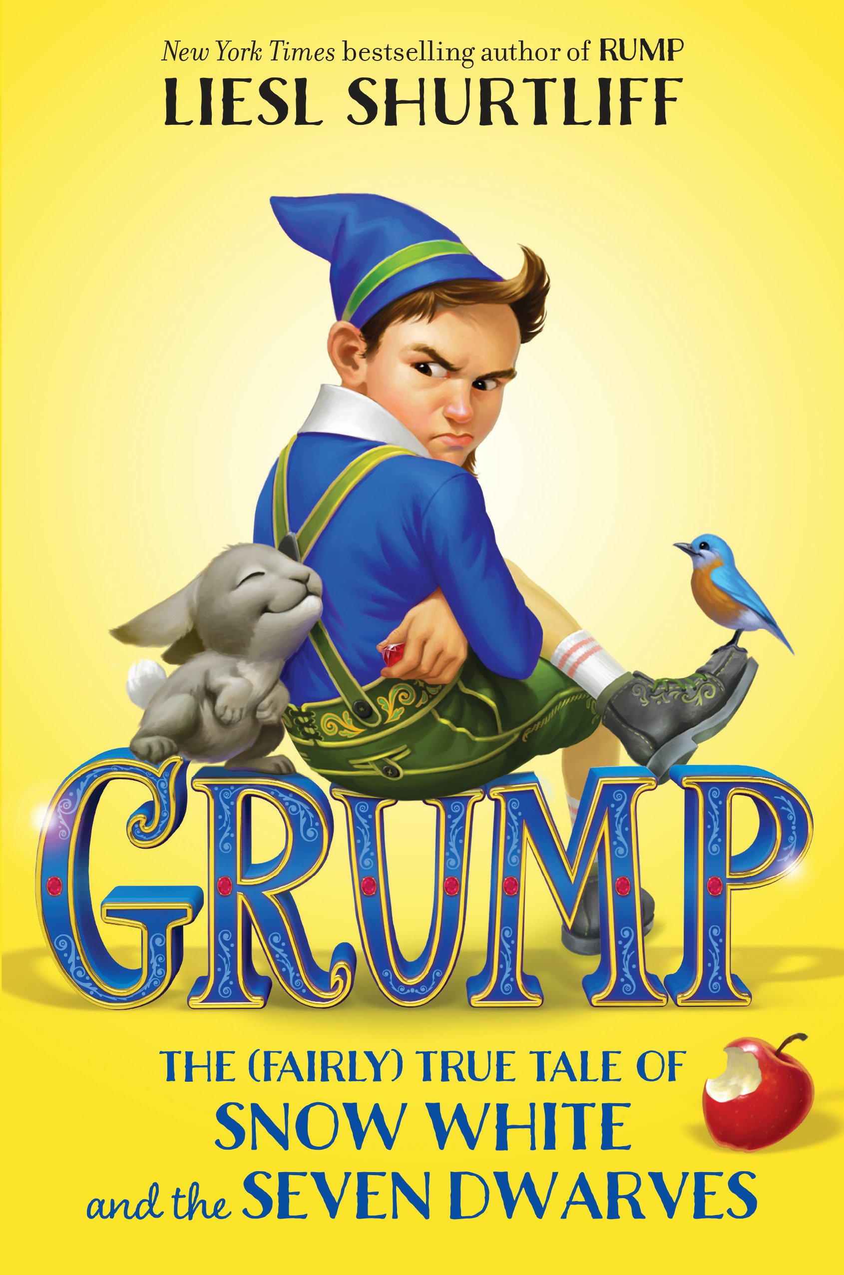 A boy is sitting on the title and wearing a blue pointy hat and green suspenders while angrily looking at a bunny who is cuddling him. A blue bird sits on his foot and a bitten apple is close to the subtitle which shows the book deals with Snow White and the Seven Dwarves.