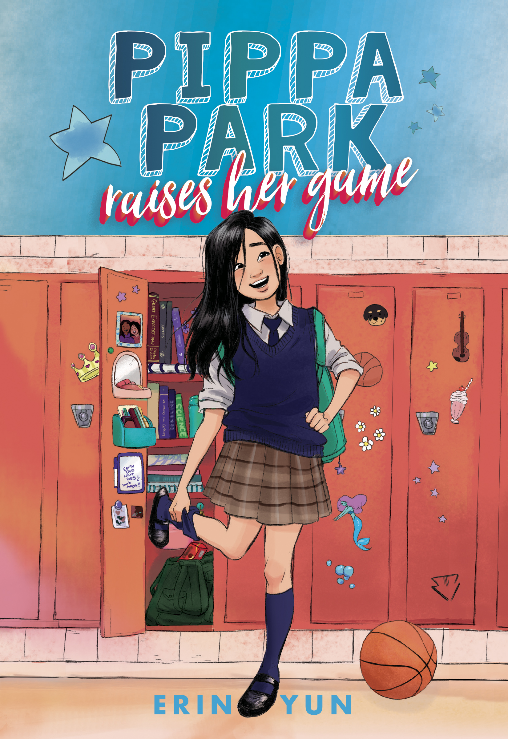 Pippa, a girl in her school uniform, is in front of her opened locker holding her right foot in one hand while next to her left foot is a stray basketball. Above her head in block and cursive fonts against a blue gradient background is written the title of book one: Pippa Park Raises Her Game