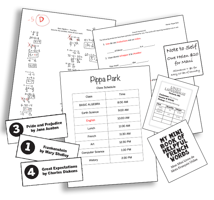 This image shows a few sample pages of clues from the Escape Pippa’s Bedroom Printable Clues PDF for tweens to partake in the Escape Room Activity. 