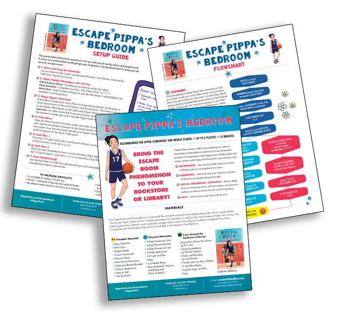 This image shows an overview of three sample pages of the Pippa Park Escape Room Activity which is a 45 minute activity recommended for upper elementary and middle schoolers where tween readers can transform their spaces into an immersive escape room experience. 