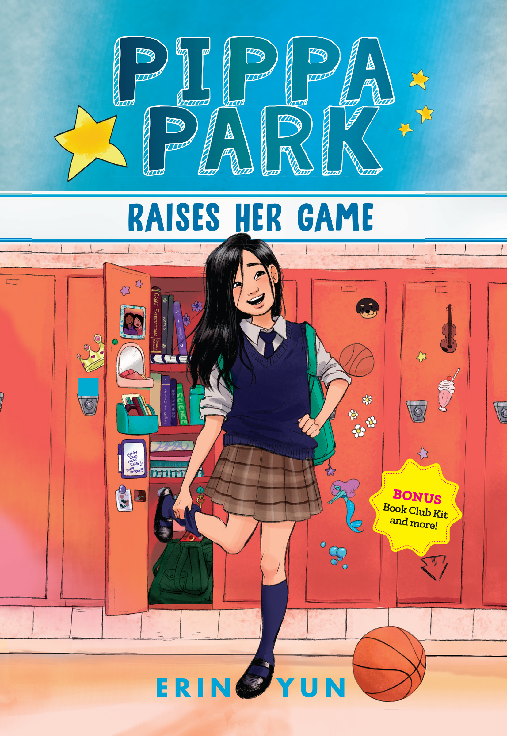 Pippa, a girl in her school uniform, is in front of her opened locker holding her right foot in one hand while next to her left foot is a stray basketball. Above her head in block and cursive fonts against a blue gradient background is written the title of book one: Pippa Park Raises Her Game. 
