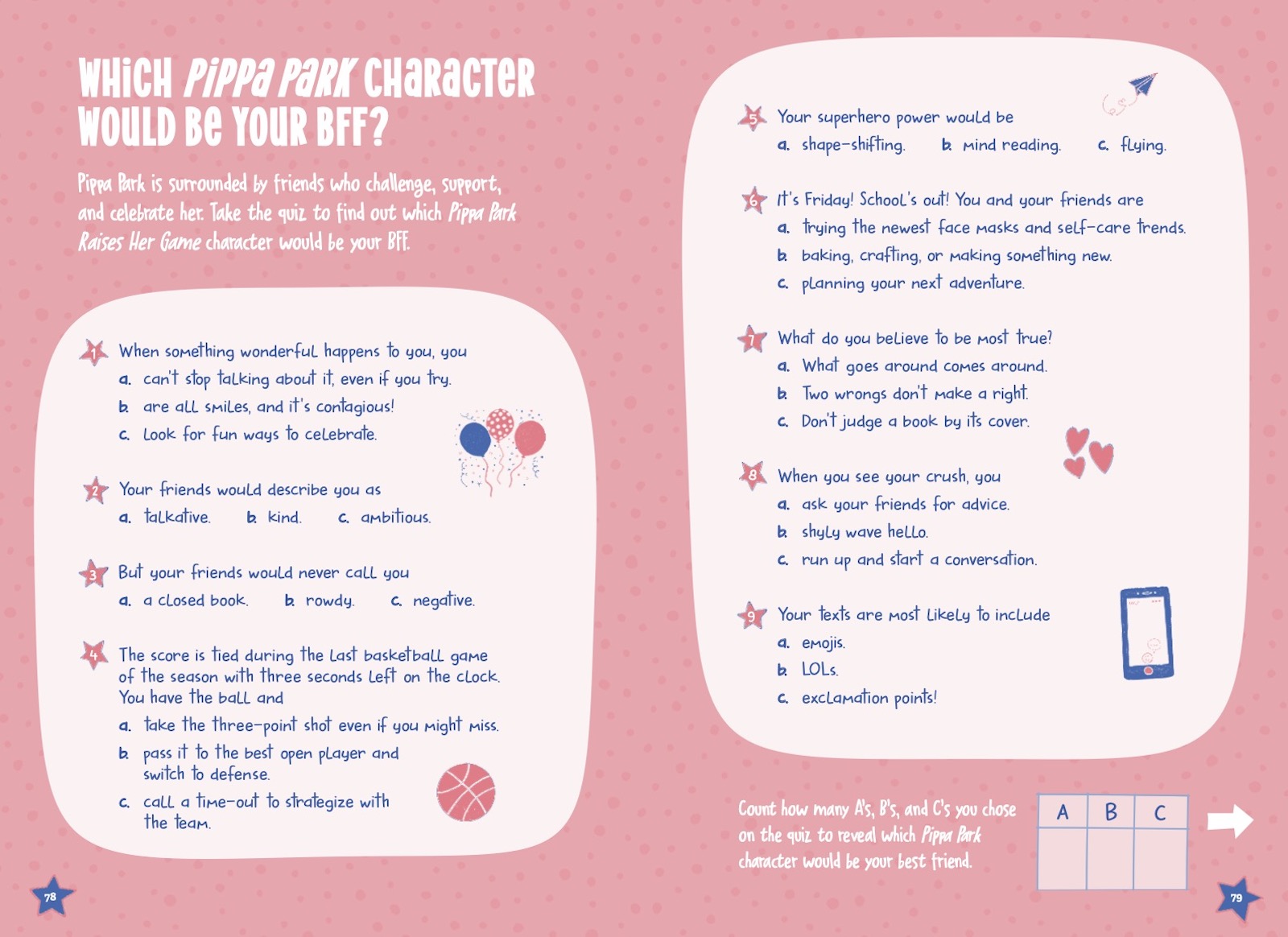 This image shows an example of one of the pages in Pippa Park: My Journal About Life.  The page asks readers to take a multiple choice quiz to find out which Pippa Park character would be their BFF. The quiz includes pinks and blues and handwritten fonts that contribute to the interactive element of the book. 