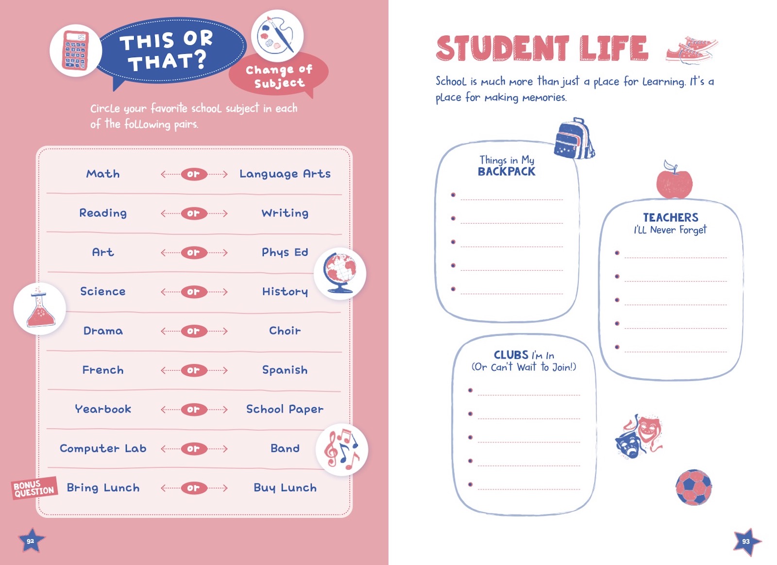 The left side of this image has a light pink background with school subject icons and is a “This or That” writing activity where readers can circle their favorite school subject. On the right side of the image there is another example of a writing activity which asks students to write down specifics of their own school life like what clubs they’re in and is against a white background. 