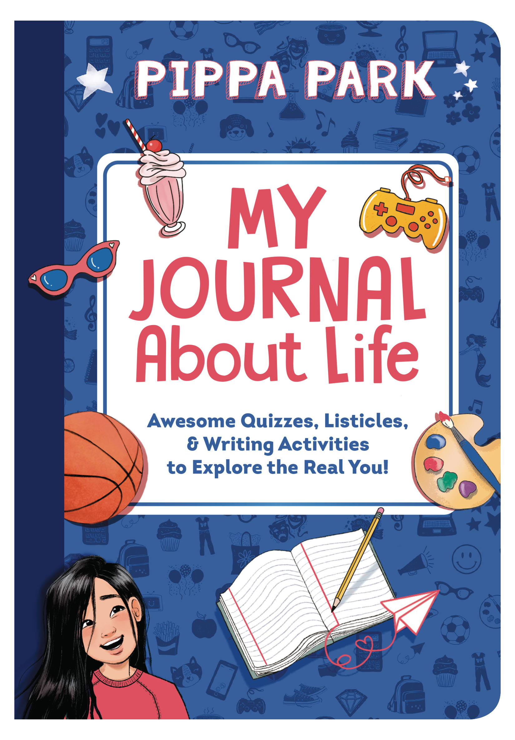 The companion book to the Pippa Park series, Pippa Park: My Journal About Life, has a cover that is a composition book with stickers that are relevant to the book series. These stickers include a basketball, a milkshake, sunglasses, and a notebook